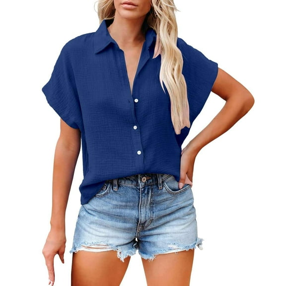 ZOHIUM Business Casual Tops for Women Women's Solid Color Single Breasted Fashionable Casual Shirt Sleeved Shirt Blouses for Women Dressy Casual Ladies Tops and Blouses (Dark Blue,XXXL)