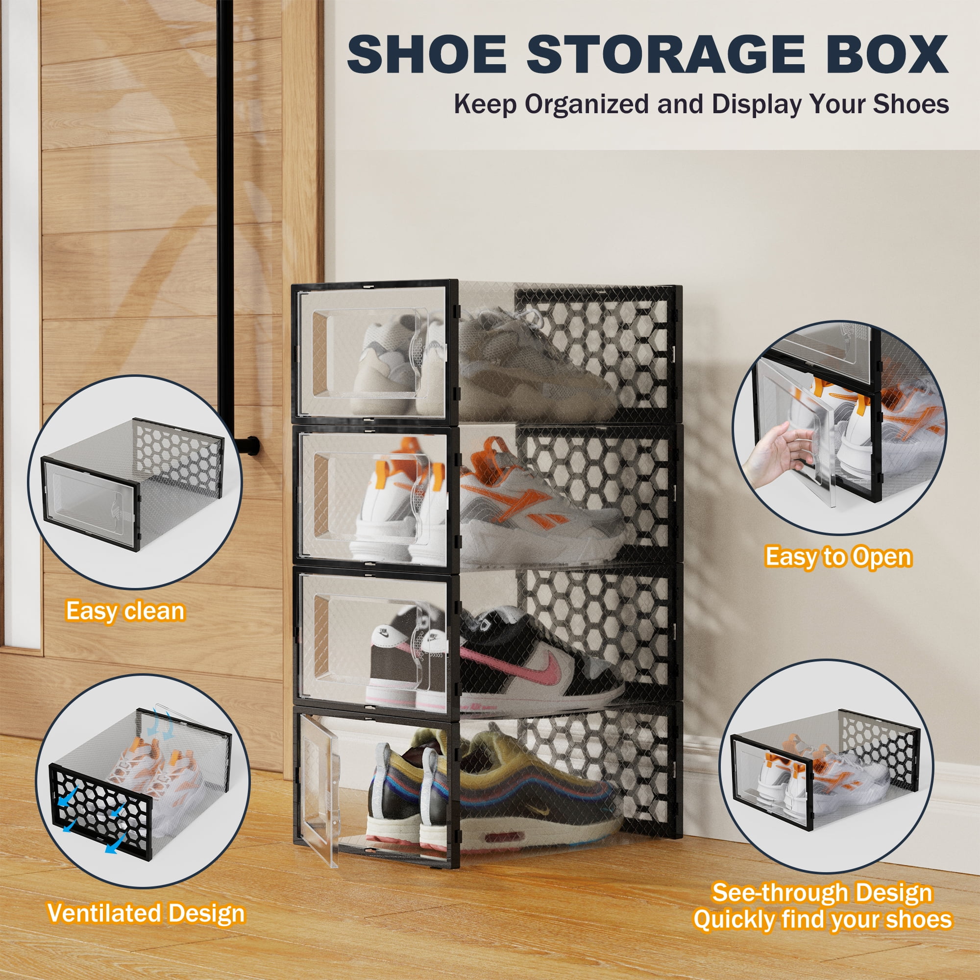 SEE SPRING XX-Large Shoe Storage Box Fit Size 13, Clear Plastic Stackable Shoe Organizer For Closet, Space Saving Sneaker Shoe Rack Containers Bins Holders For Entryway, Under Bed, 12 Pack Black