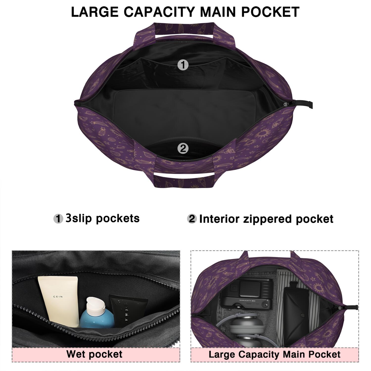 Purple Sun Planet Rocket Star Pattern Travel Tote Bags for Women Carry On,Large Weekender Bags for Women Travel,Multi Functional Duffle Bag for Work,Shopping,Sports