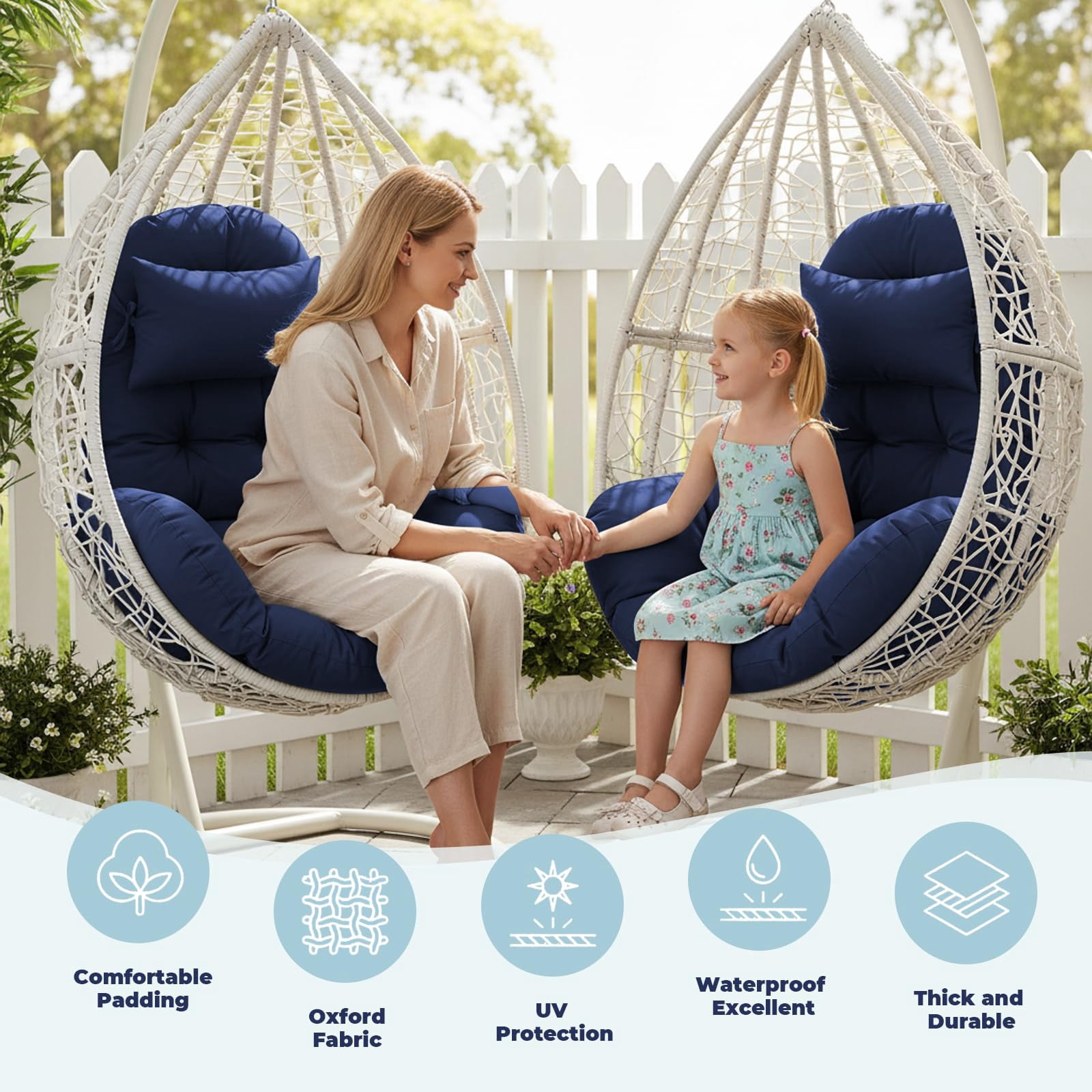 Outdoor egg Chair Cushion Replacement 51x37 Inch,Thicken Foldable Removable Waterproof Egg Chair Cushions with Headrest,Rocking Chair Cushions for Indoor Outdoor Patio Garden,Bule