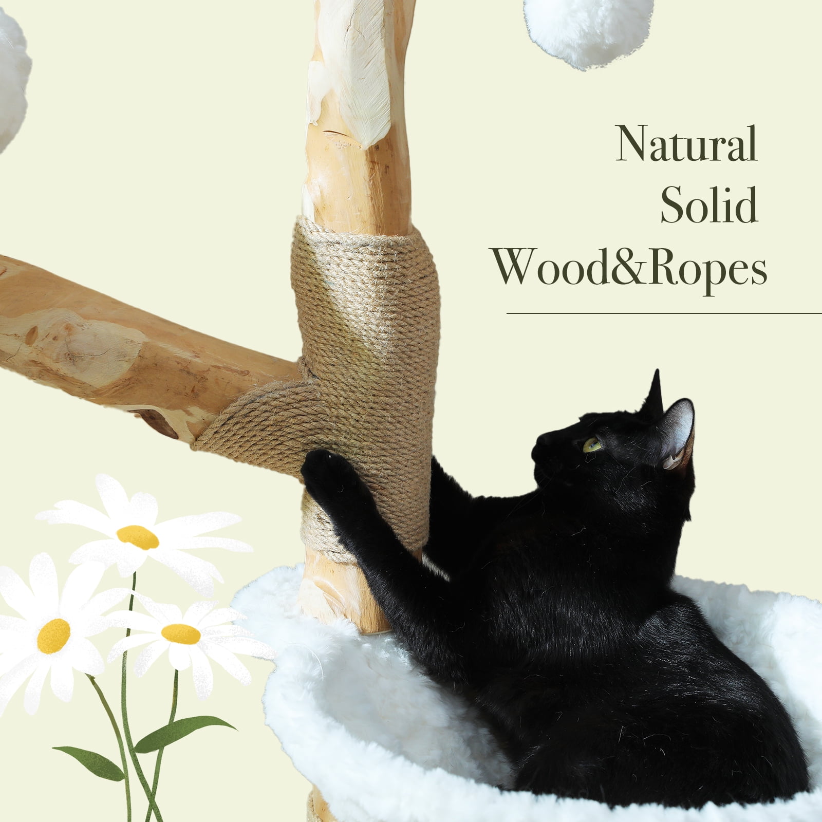 Pefilos 59" Modern Cat Tree Tower with 2 Flower Perches, Condo, Wicker Basket Bed, Boho Cat Furniture with Real Branch Scratching Post, White