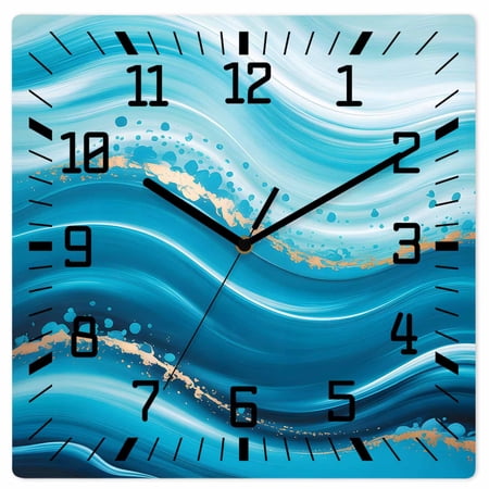 Wall Clock Teal Blue Waves Operated Square Clocks Wooden Silent Non-Ticking Wallclock 10 Inch Ombre Abstract Fluid Art Wood Wall Clock for Living Room Bedroom Office Shool Home Decor