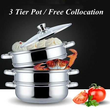 Classic Stainless Steel 3 Tier Steamer Pot Steaming Cookware Saucepot Rice Cooker Double Boilder with Visible