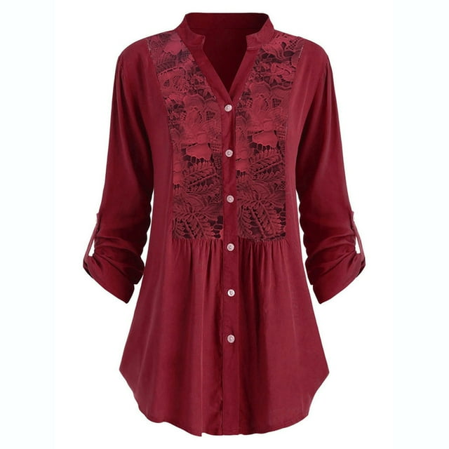 KIHOUT Spring Winter Womens Tops Large Size Button Solid Color Lace V-Neck Long Sleeve Shirt Blouse