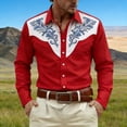 thumbnail image 2 of IROINNID Men Western Floral Embroidery Contrast Yoke Turndown Collar Long Sleeve Button Down Shirt, Vintage Cowboy Casual Dress Top for Party Stage Daily Western Style Outfit(Red,XL), 2 of 4