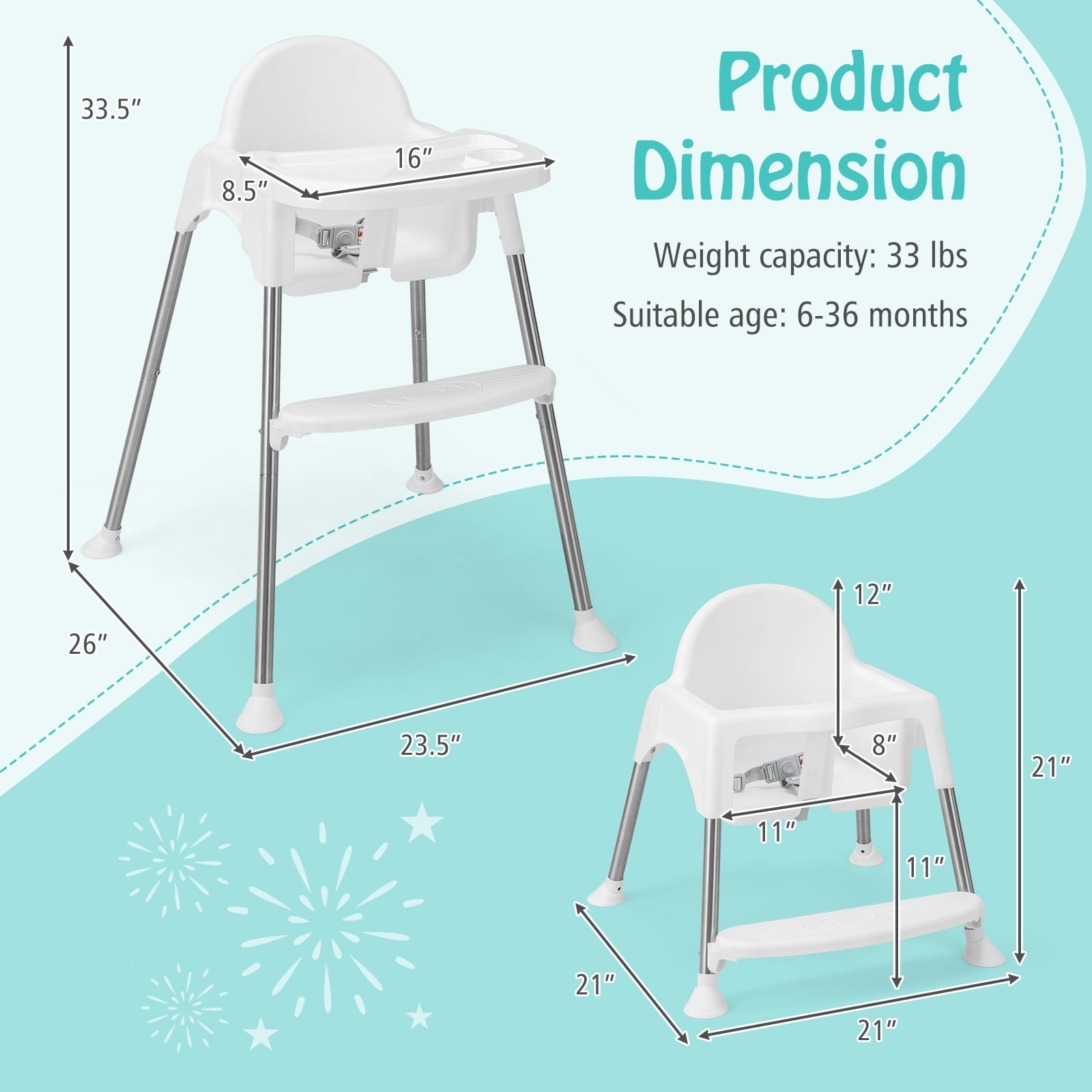Infans 4-in-1 Convertible Baby High Chair Feeding w/ Removable Double Tray& Footrest