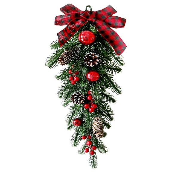 2 Pack Christmas Teardrop Swags, Christmas Swag Artificial Wreath with Bow, Red Berries and Pine Cones Hanging Garland Greenery for Front Door Indoor Outdoor Wall Window Xmas Decor