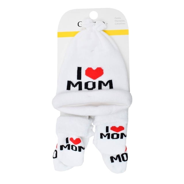 Gorro George + Manoplas + Calcetines Talla 0-6 Meses I Love Mom Blanco para Bebé 3 Piezas