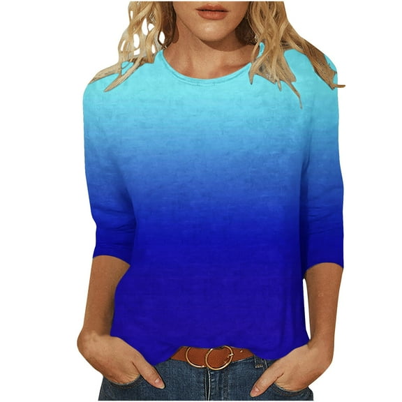 JGGSPWM Women 3/4 Sleeve Tops Ombre Shirts Summer Trendy Tunic Dressy Casual Tshirts Classic Tees Crewneck Blouse Blue L