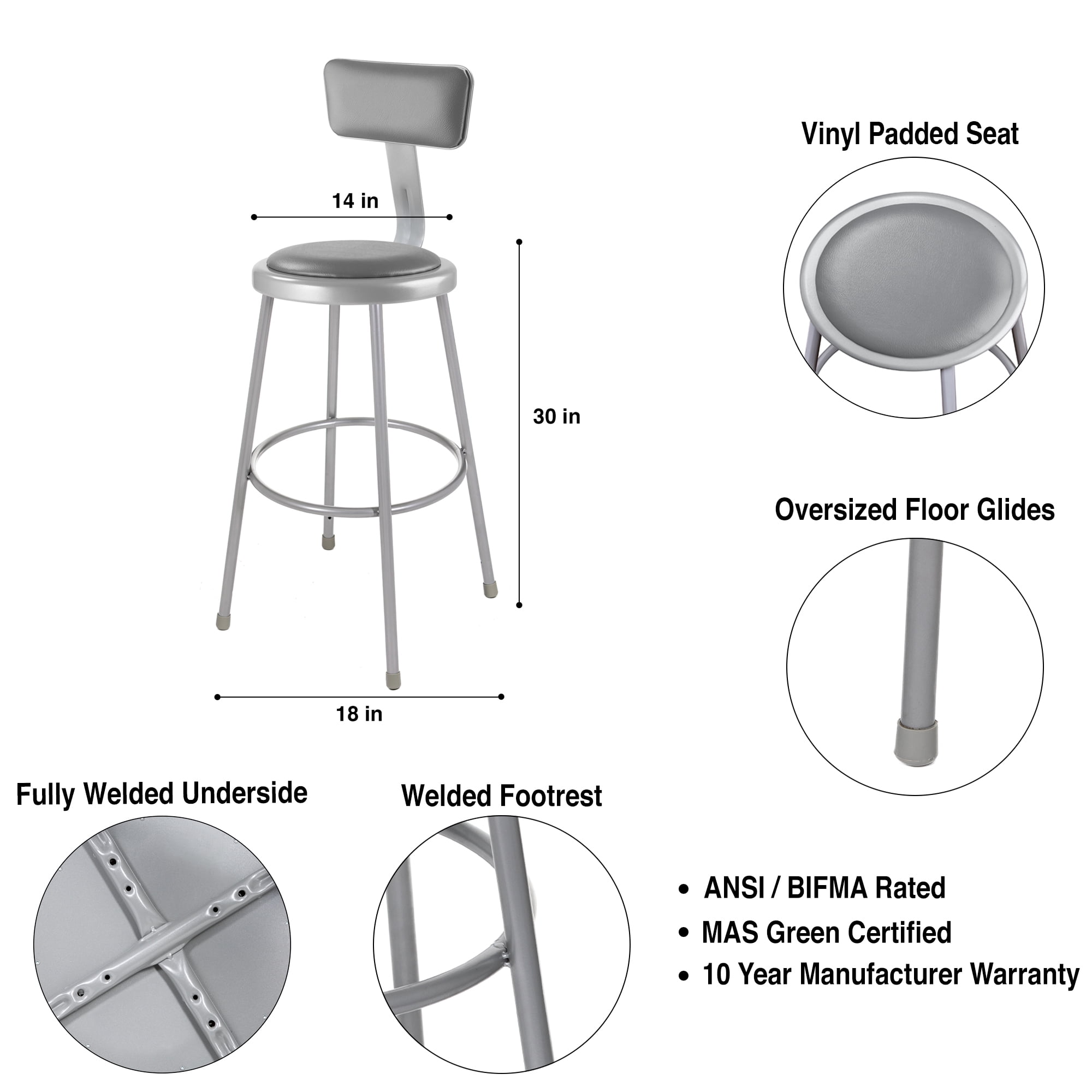 Hampden Furnishings Otto Collection 30" Vinyl Padded Stool With Backrest, Grey, Pack of 2