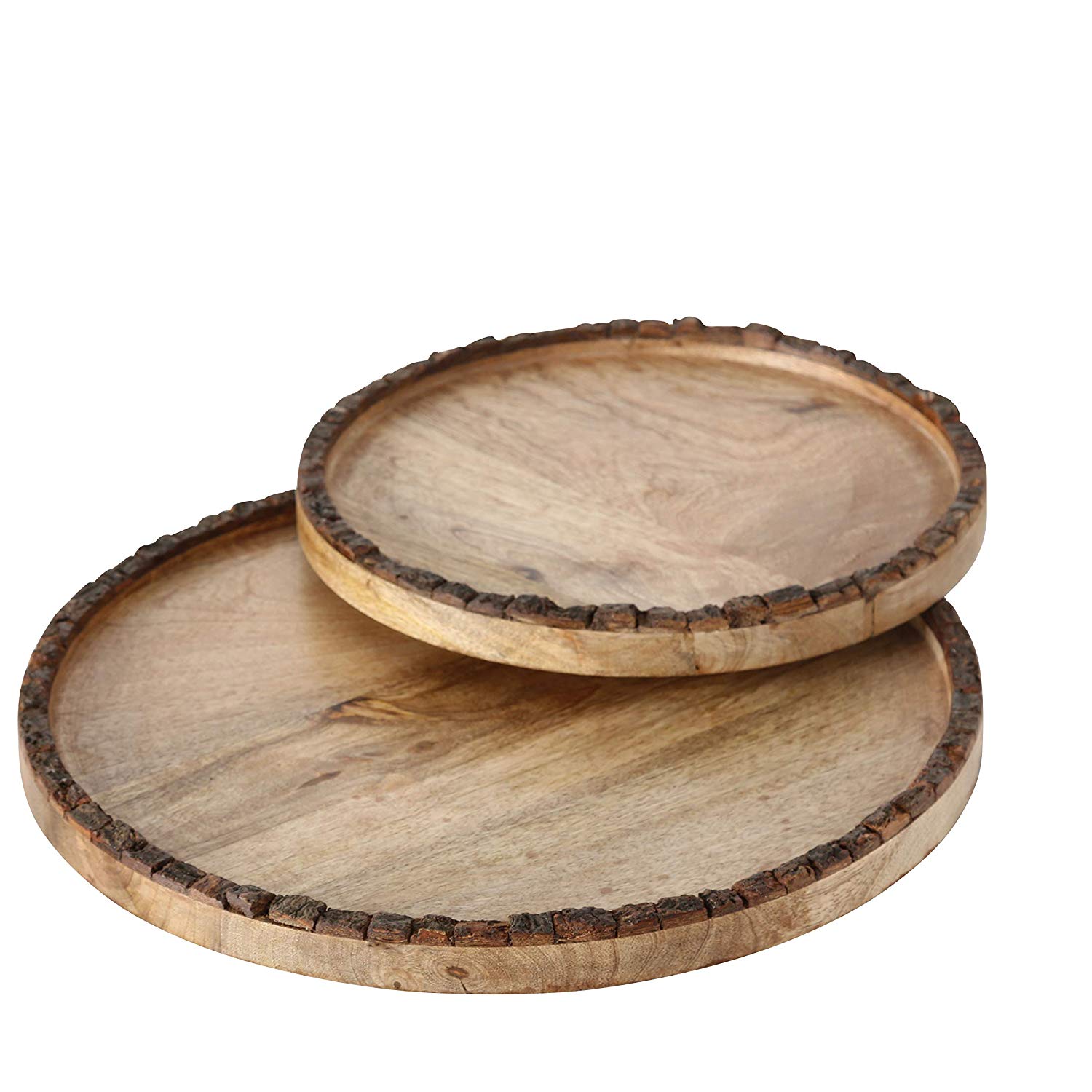 Artisinal Bark Rimmed Wooden Plates, Set of 2, Rustic Mango and Ash, Natural Grain and Knot