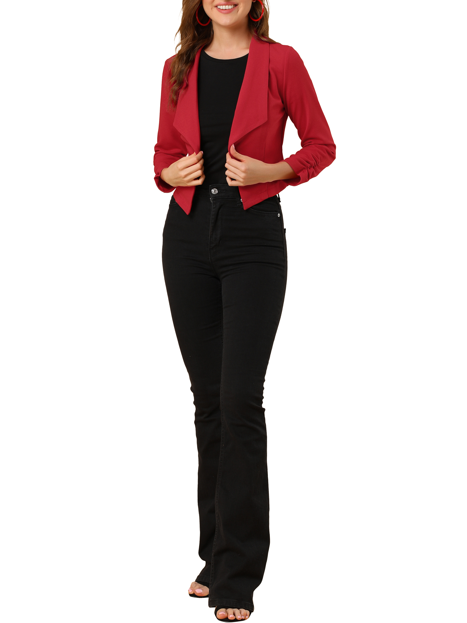 DARING DIVA Women's Notched Lapel Ruched Sleeve Crop Blazer L Red