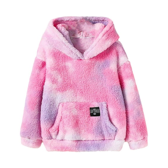 Odeerbi 8-12Y Kids Girls Tie-dye Fleece Hoodies Winter New Plus Velvet Sweatshirt Fashion Loose Hooded Coat Baby Clothes Multicolor