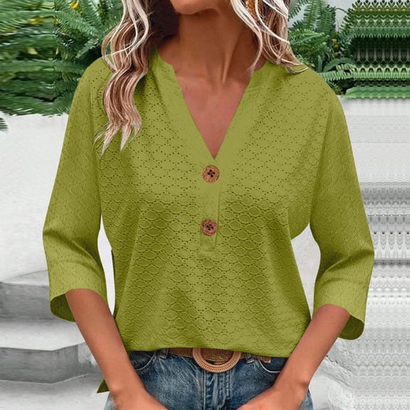 HAOTAGS Ladies Tops And Blouses Green Button Down Dressy Casual Tops 3/4 Sleeve Solid V Neck Shirts for Women