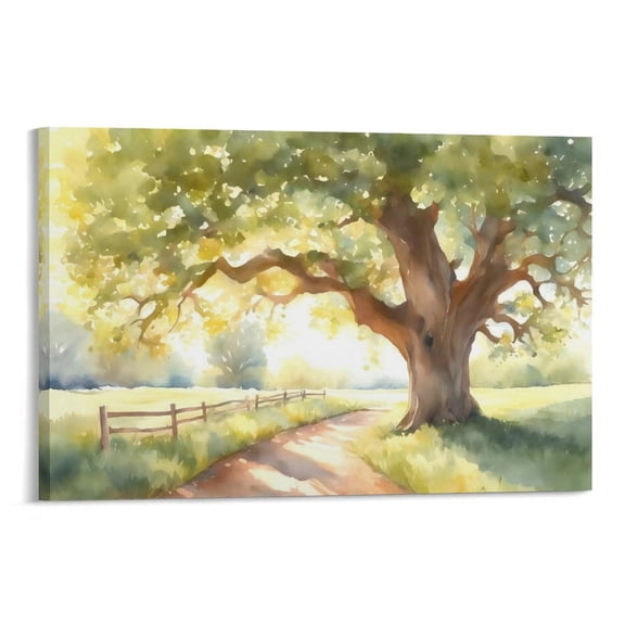 Framed Vintage Tree Landscape Wall Art, Watercolor Country Road Nature Wall Decor Paintings, Rustic Countryside Pictures Canvas Prints Aesthetic Home Decor for Living Room Bedroom Bathroom