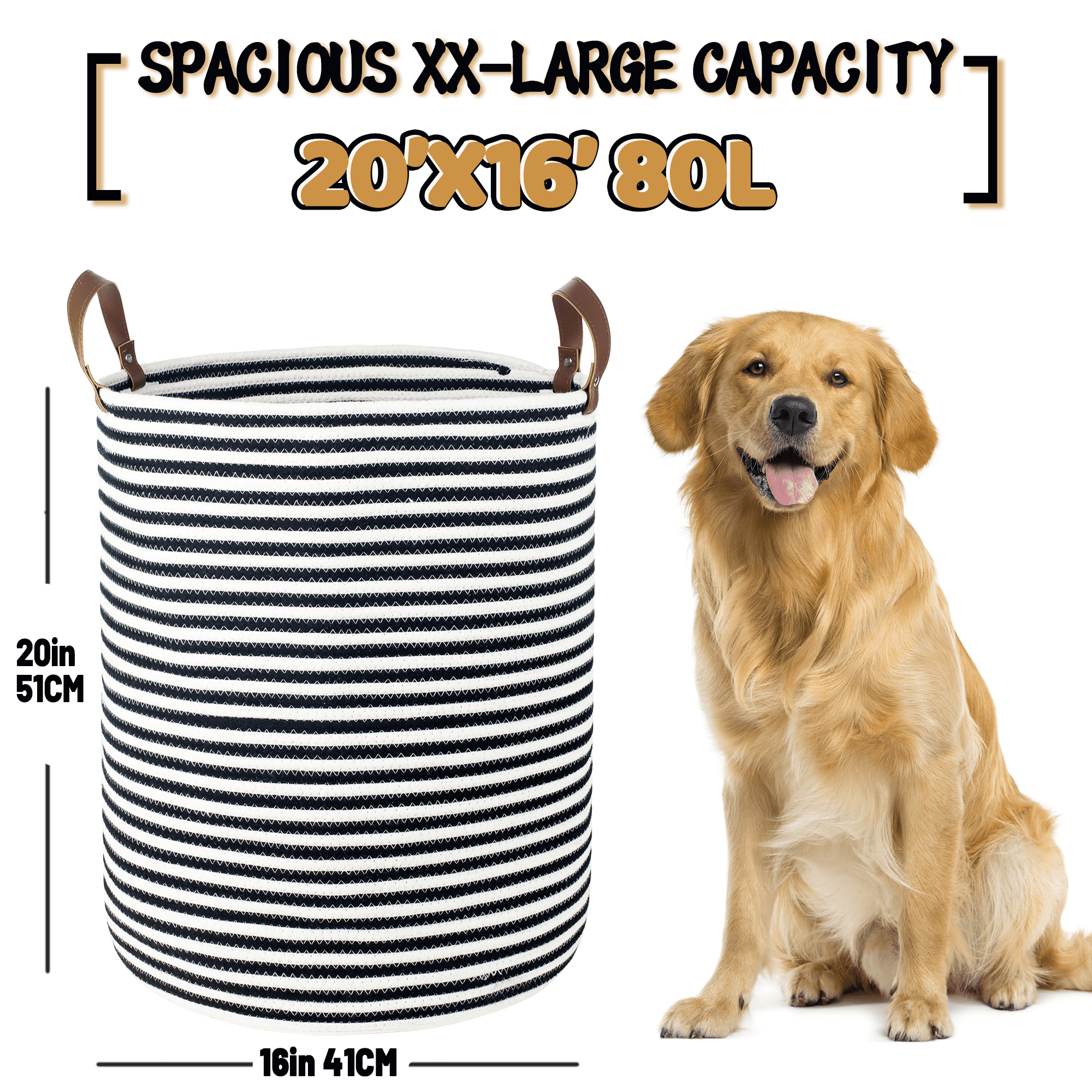 Caroeas XXXL Extra Large Rope Basket, 16''x20'' Woven Storage Basket with Leather Handles, Blanket Basket for Living Room, Tall Nursery Basket, Storage Organizer, Black and White Stripes