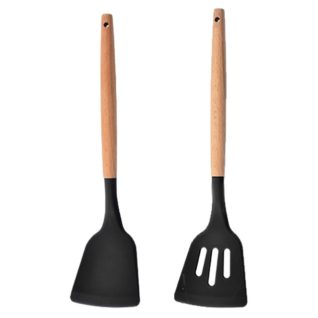 Juego de utensilios de cocina de silicona de cocina de 2 piezas, herramientas de cocina con mango de madera