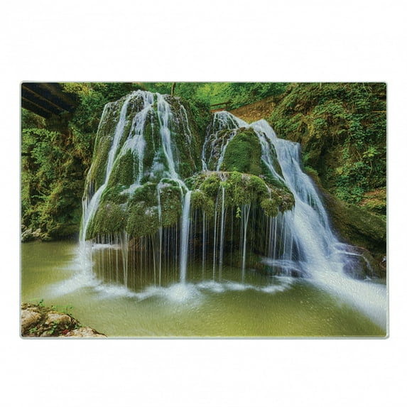 Waterfall Cutting Board, Water Falls to Lake Above Rock Umbrella Covered with Botanic Plants Photo, Decorative Tempered Glass Cutting and Serving Board, Small Size, White and Green, by Ambesonne