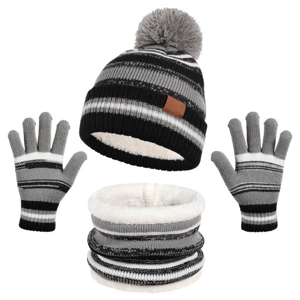 Borde niños sombrero babero y guantes conjunto otoño e invierno de punto y forro polar cálido sombrero bola de pelo 3 Piece Set