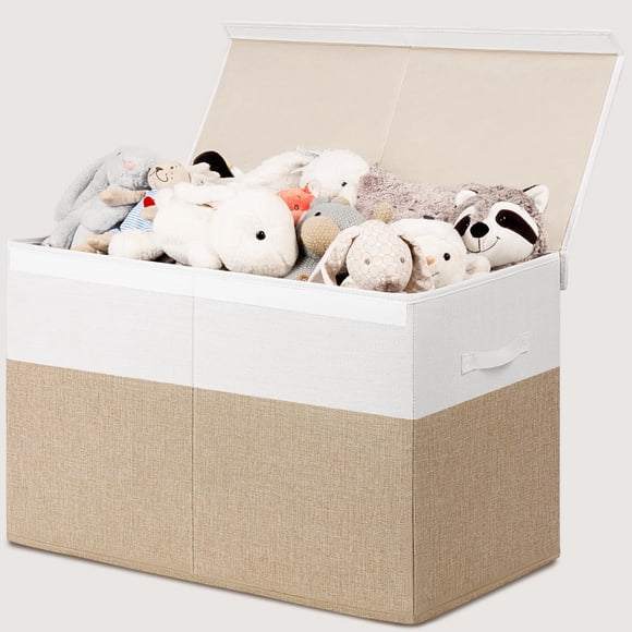 Caja de almacenamiento de juguetes INDRESSME grande de 85 L, color beige y blanco con tapa