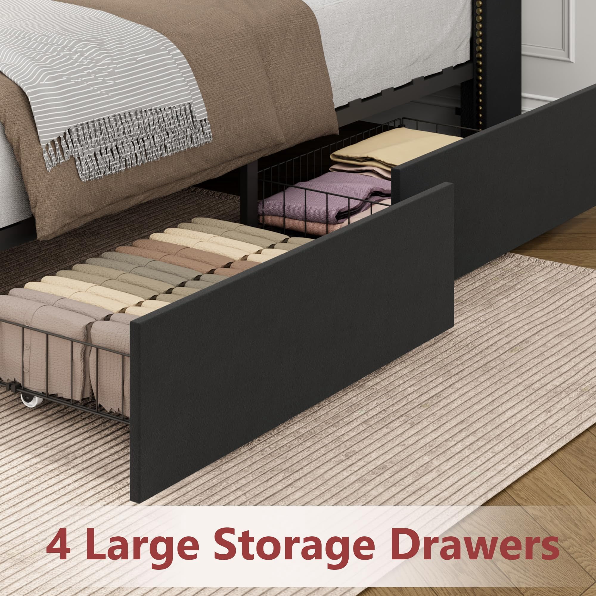 Towallmark Queen Size Bed Frame with Upholstered Headboard 2-Tier Shelf, Black Velvet Tufted Platform Bedframe with 4 Storage Drawers, Wooden Slats Support, No Box Spring Needed