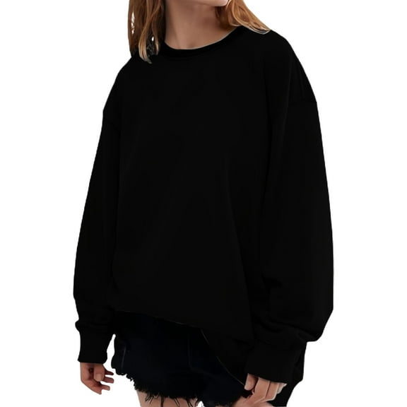 Women's 2025 Autumn Solid Color Round Neck Long Sleeve Oversized Loose Fit Pullover Sweatshirt for Casual Comfort Daily Wear, Street Style Fashion and Versatile Outfits Black L