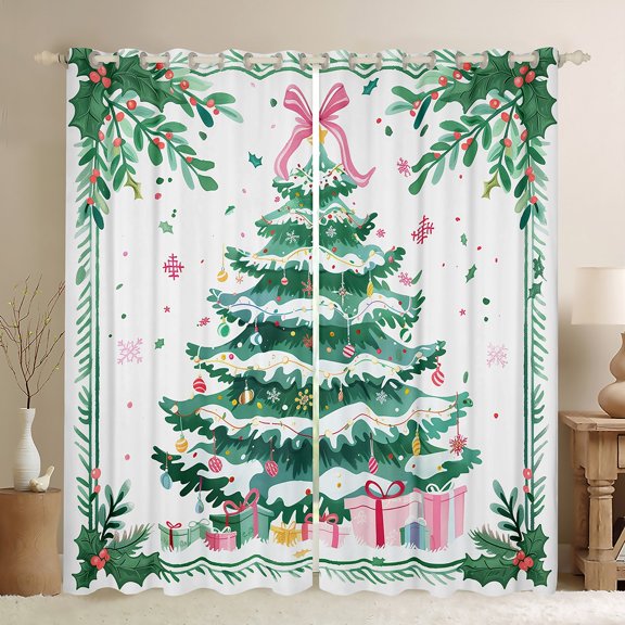 jejeloiu Merry Christmas Curtains Pack of 2 (42x84 Each),Green Xmas Tree Curtains Blackout,Pink Bowtie Bowknot Bedroom Curtains For Child,Ultra Soft Home Decor