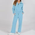 thumbnail image 6 of Women's 2 Piece Outfits Casual Lapel Half Zip Sweatshirts and Wide Leg Pants Tracksuit Sets Light Blue L, 6 of 6