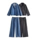 thumbnail image 2 of HH TRAF Conjunto de 2 piezas para mujer, abrigo elegante de manga larga con solapa y bolsillo, top de mezclilla con cordones, cintura elástica, pantalones holgados de pierna ancha sólidos para mujer, 2 of 5