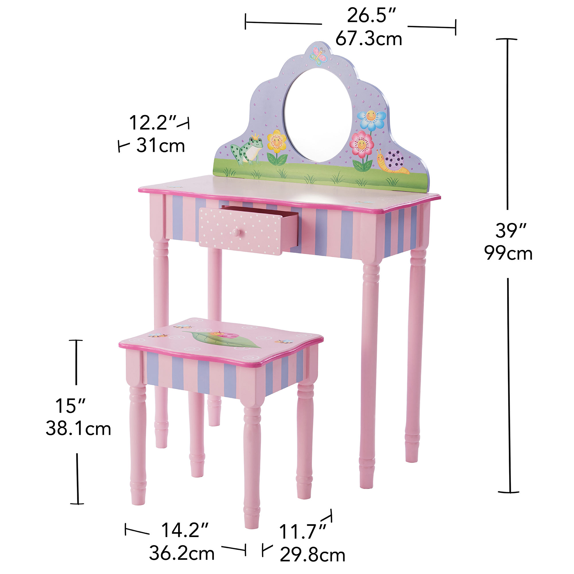 Fantasy Fields by Teamson Kids- Magic Garden Cute Children's Toddler Wooden Vanity Table Set/ Makeup Desk with Stool, Pink/Purple - image 5 of 10