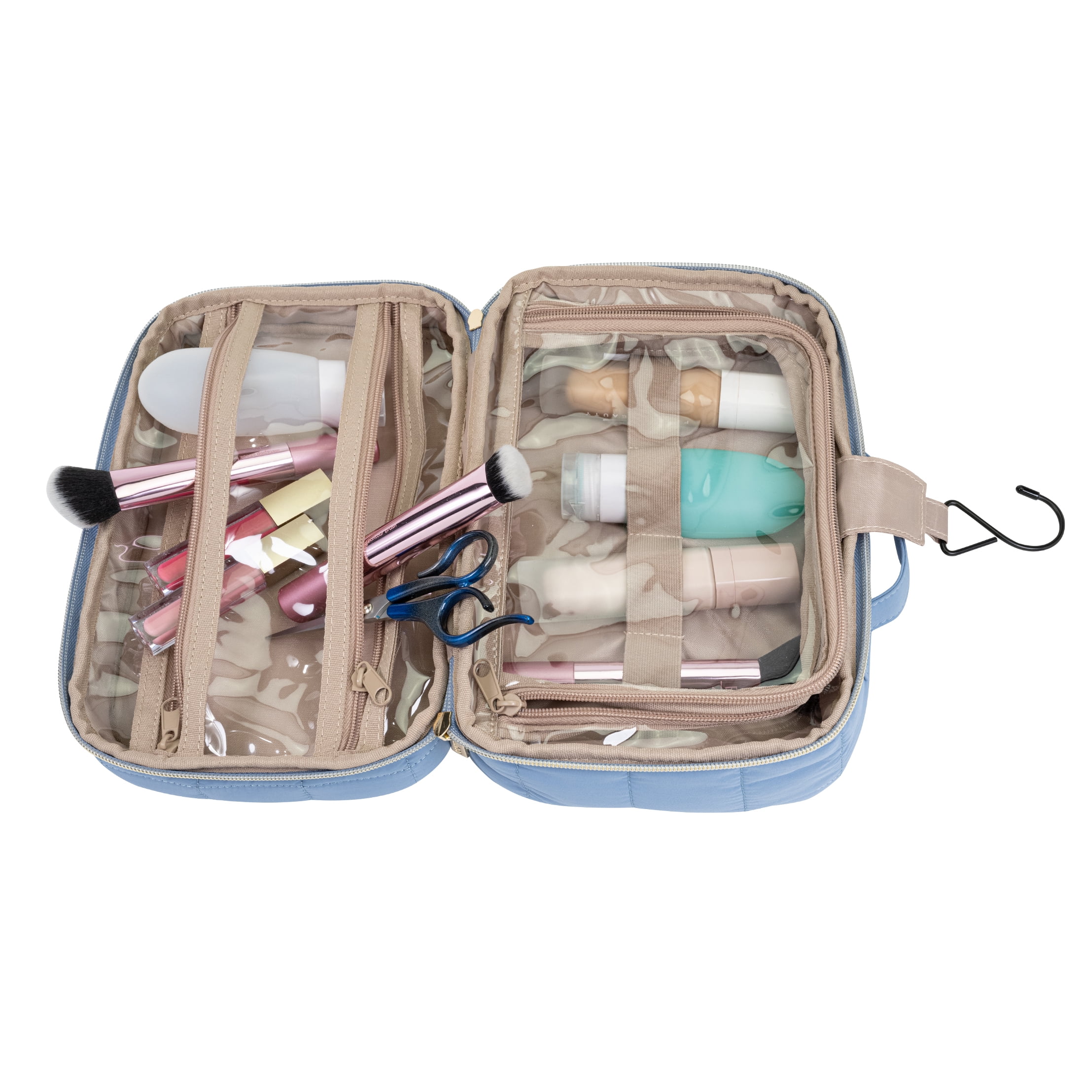 Conair Blue Quilted Hanging Organizer, Multi-Compartment Beauty Case with Hook