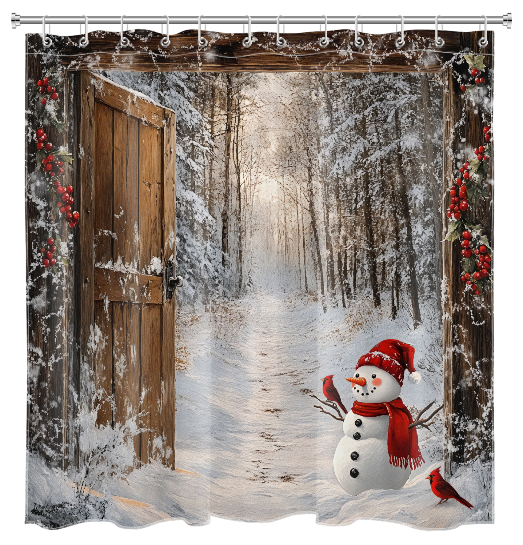 HVEST Rustic Winter Christmas Shower Curtain with Cute Snowman and Winter Snow Forest Design - Farmhouse Barn Door Bathroom Decor, Waterproof Polyester Fabric, Includes 12 Hooks, 72x72 Inches