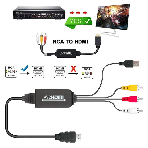 AV to HDMI Adapter, RCA to HDMI Adapter Converter 3RCA CVBS AV Composite to HDMI Converter Adapter Supports Laptop/PC, 1080P for VHS, VCR, Old DVD Players