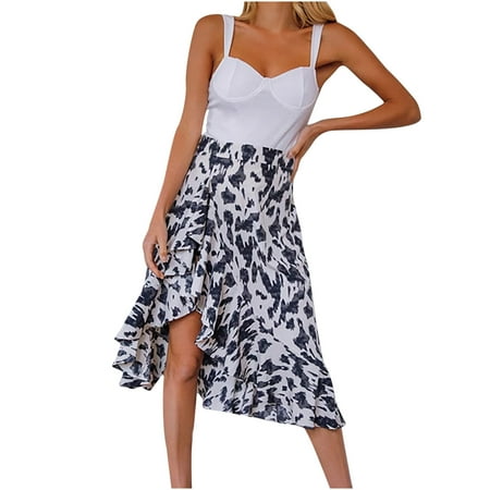 

Women s Ruffle Trim Mid Skirt High Split Leopard Printed Skirts Teen Girls Sexy Trendy Elastic Waist Irregular Dresses