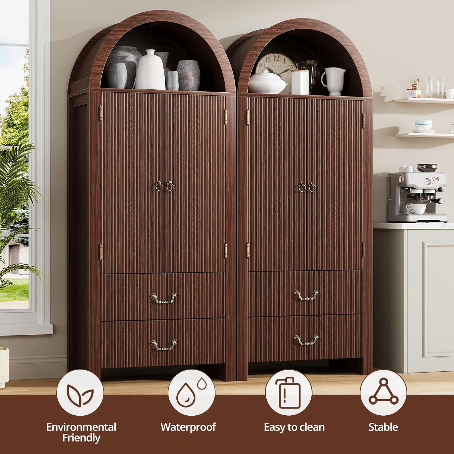 SELOOYE Pantry Cabinet Modern 71 Inch Tall Fluted Arched Adjustable Shelves 2 Drawers Freestanding Dark Walnut