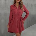 thumbnail image 4 of biudgviw Mini Dresses for Women Fashion Lapel Neck Buttons down Shirts Dress with Pockets Fall Loose Belted Long Sleeve Dress, 4 of 5