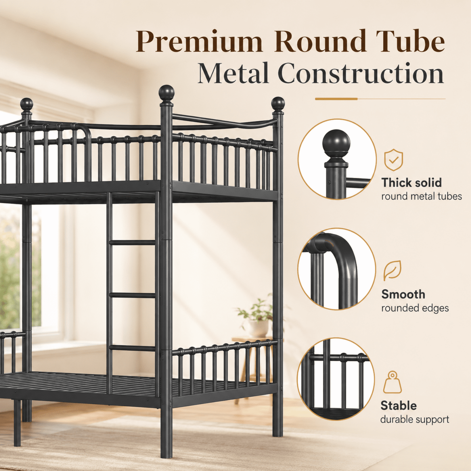 Miniyam Twin XL over Twin XL Metal Bunk Bed Frame with Curved Guardrails and Ladder, Space Saving Design, Black