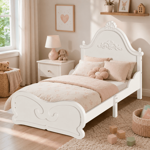 Miniyam Twin Size Kids Platform Bed Frame with Carved Headboard and Footboard, Wood Bed, White
