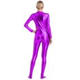 thumbnail image 4 of Eandarui Women's Shiny Metallic Unitard Turtleneck Long Sleeve Footed Zentai Suit Catsuit Dancewear Purple 3XL, 4 of 7