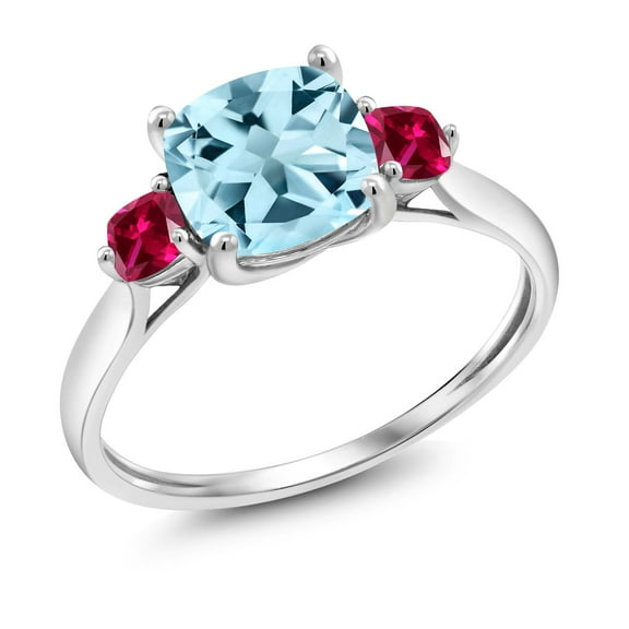 Gem Stone King 10K White Gold Sky Blue Topaz and Red Created Ruby 3 Stone Engagement Ring for Women (2.30 Cttw, Cushion 7MM, Gemstone November Birthstone, Size 6)