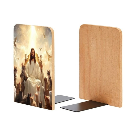 Bookends 1 Pair Non-Skid Bookend Wood Bookends for Shelves Book Stand for CDs - Jesus Sitting on The Heaven With Cats