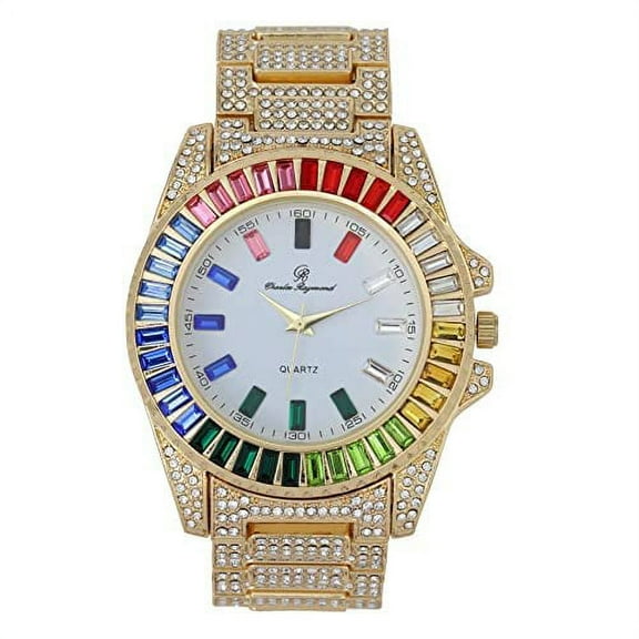 Charles Raymond Iced Out Mens Color on Blast Watch Single or Combo Sets with Blinged Out Bracelets Set. Iced Out Colourful Rainbow Flame Collection (ST10414 GLD)