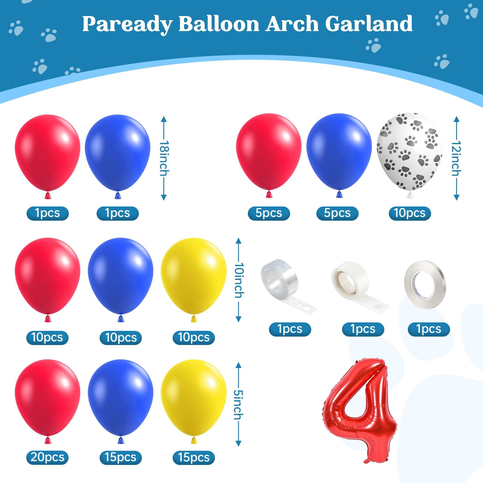 Dog Paw Balloon Arch Garland Kit, KKS1&nbsp;Cartoon Dog Paw Theme 4th Birthday Balloon Decorations for Boys Girls Puppy Themed Birthday Baby Shower Party Decorations