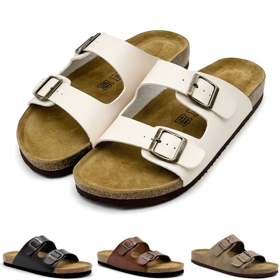Unisex Flat Sandals Cork Footbed Slides for Women and Men, Arch Support Slip On Summer Outdoor Sandals with 2 Straps Adjustable Buckle Comfort Shoes