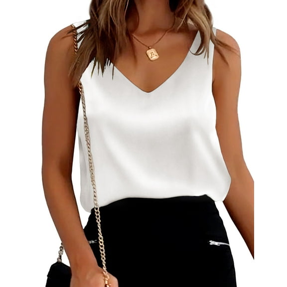 Ekouaer Womens Silk Satin Tank Tops V Neck Casual Cami Sleeveless Camisole Blouses Summer Basic Tank Shirt