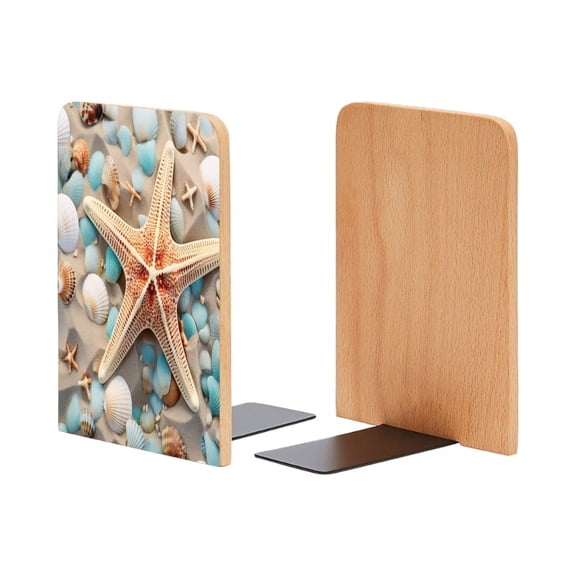 Bookends 1 Pair Non-Skid Bookend Wood Bookends for Shelves Book Stand for CDs - Starfish And Seashells Scattered on The Sandy Beach