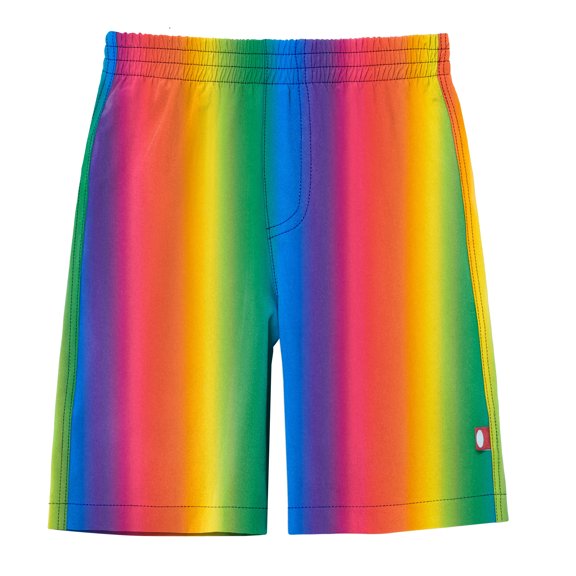 Boys UPF 50  Recycled Polyester Soft Stretch Below the Knee Printed Swim Board Shorts | Rainbow