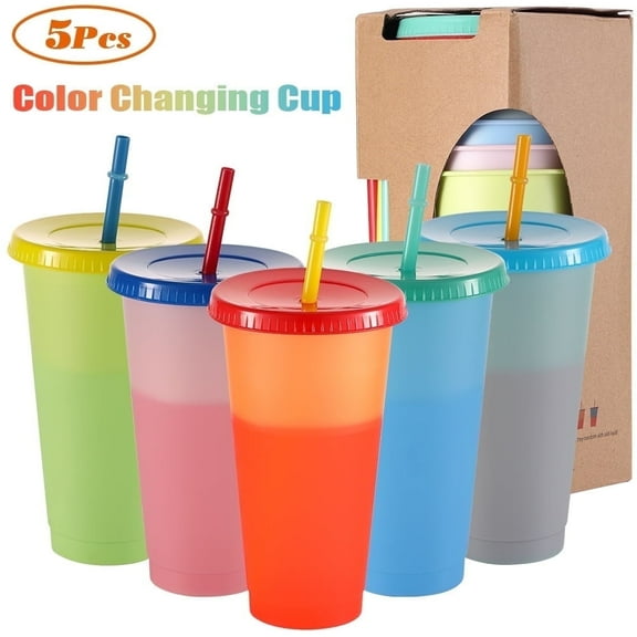 Triani 5 Pack Color Changing Plastic Tumblers- 24 oz Color Changing Cups with Lids and Straws - Reusable Summer Coffee Drinking Tumblers Cups for Kids & Adults, BPA Free