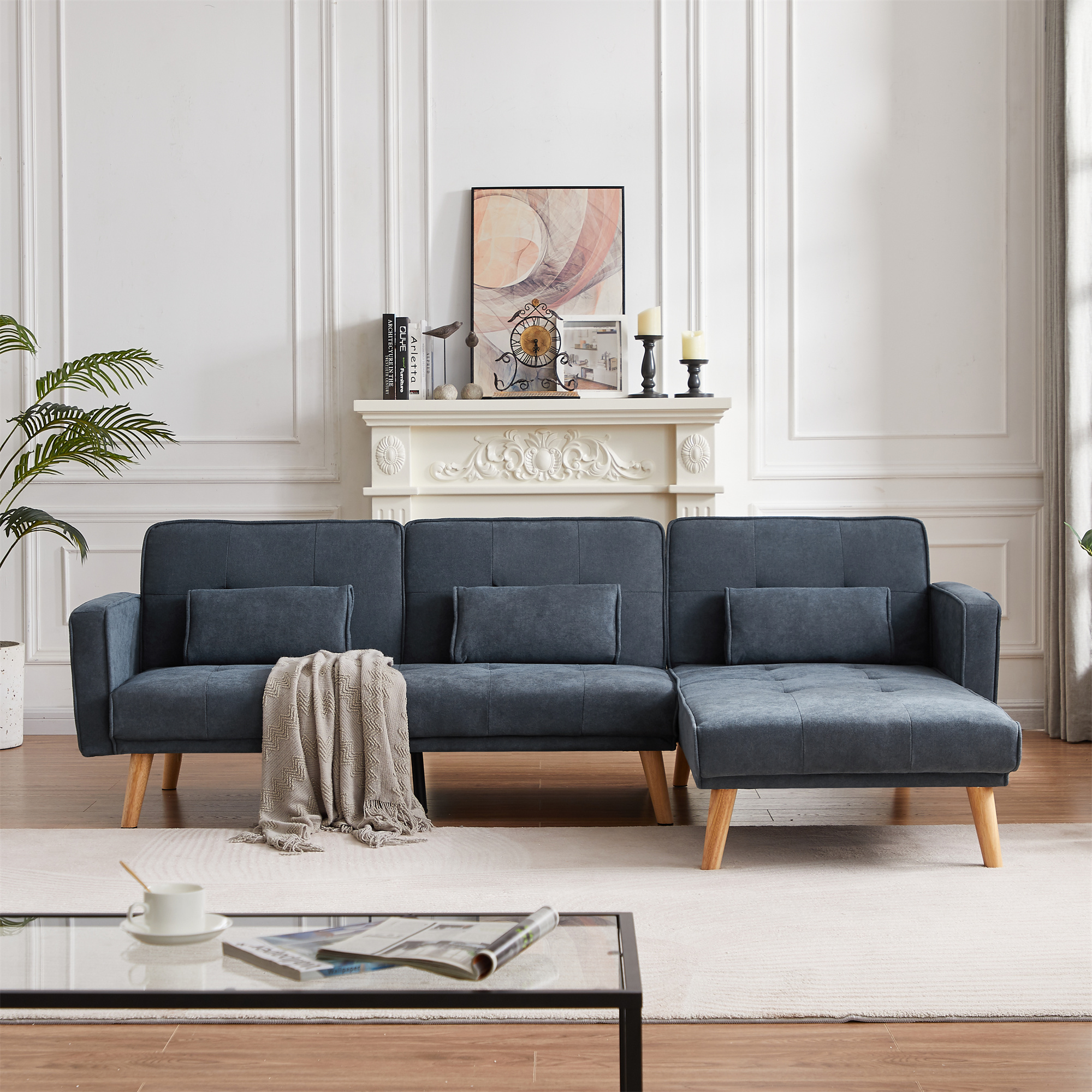 Aukfa 94" Futon Sofa Bed, Convertible Sleeper Sofa for Living Room, Right Facing Chaise, Linen, Gray