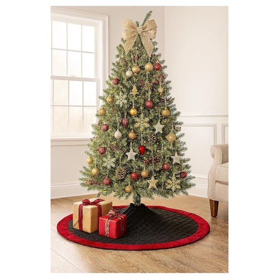 Christmas Tree Skirt 72 Inch Round - Vintage Quilted Holiday Tree Base, Red & Green, for Home Decor